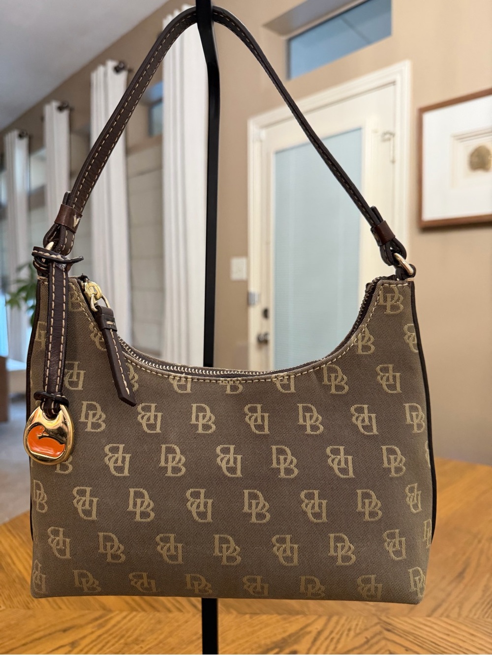 Vintage Y2K Dooney & Bourke DB Monogram Brown Shoulder Bag w/ Orange Duck